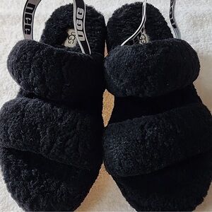 UGG Black Fluffy Slippers